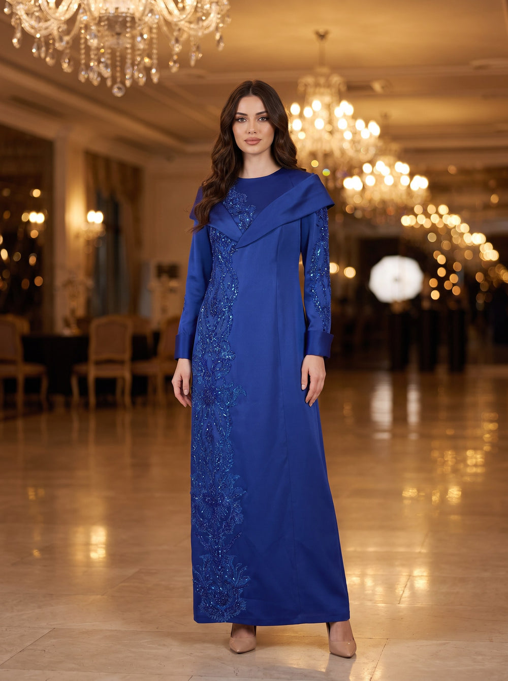 Saks Mavisi Boncuk İşlemeli Pelerin Yakalı Uzun Kollu Kaftan Abiye Elbise