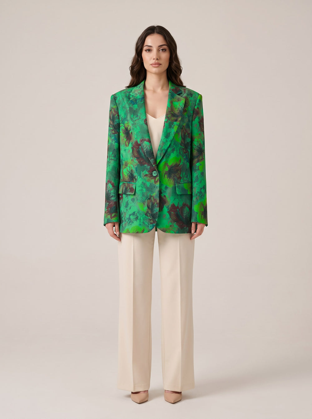 Yeşil Çiçek Desenli Oversize Tek Düğmeli Blazer Ceket