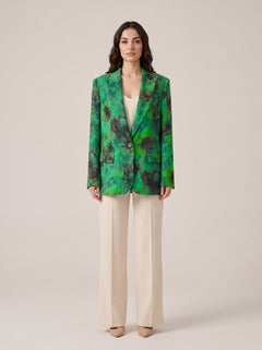 Yeşil Çiçek Desenli Oversize Tek Düğmeli Blazer Ceket
