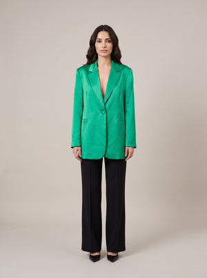Zümrüt Yeşili Saten Oversize Tek Düğmeli Blazer Ceket