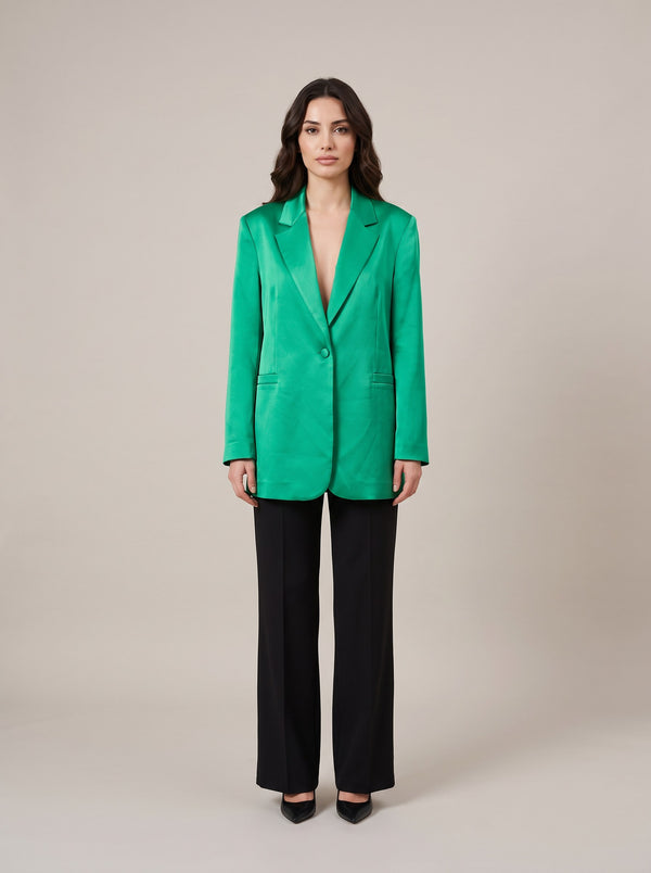 Zümrüt Yeşili Saten Oversize Tek Düğmeli Blazer Ceket