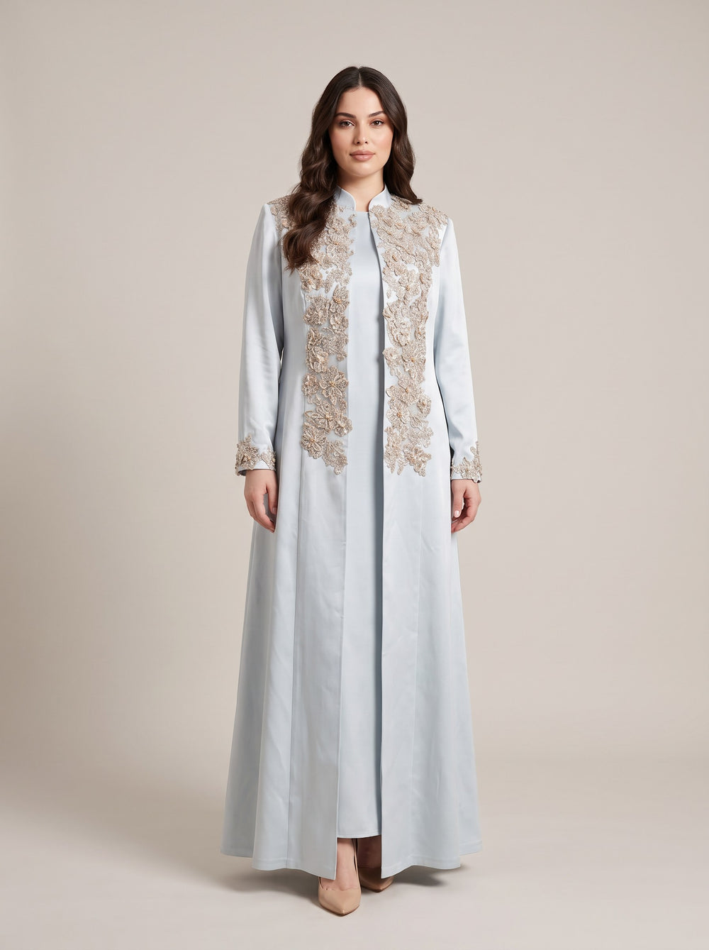 Açık Mavi Saten Bej 3D Çiçek İşlemeli Önü Açık Uzun Kaftan
