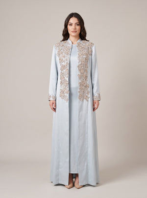 Açık Mavi Saten Bej 3D Çiçek İşlemeli Önü Açık Uzun Kaftan Abiye Elbise