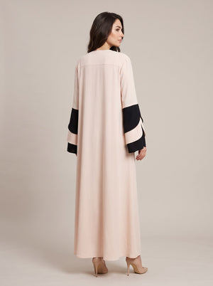 Pudra Pembe Siyah Şerit Detaylı Düğmeli Kaftan Abiye Elbise