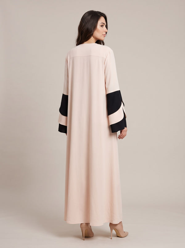 Pudra Pembe Siyah Şerit Detaylı Düğmeli Kaftan Abiye Elbise