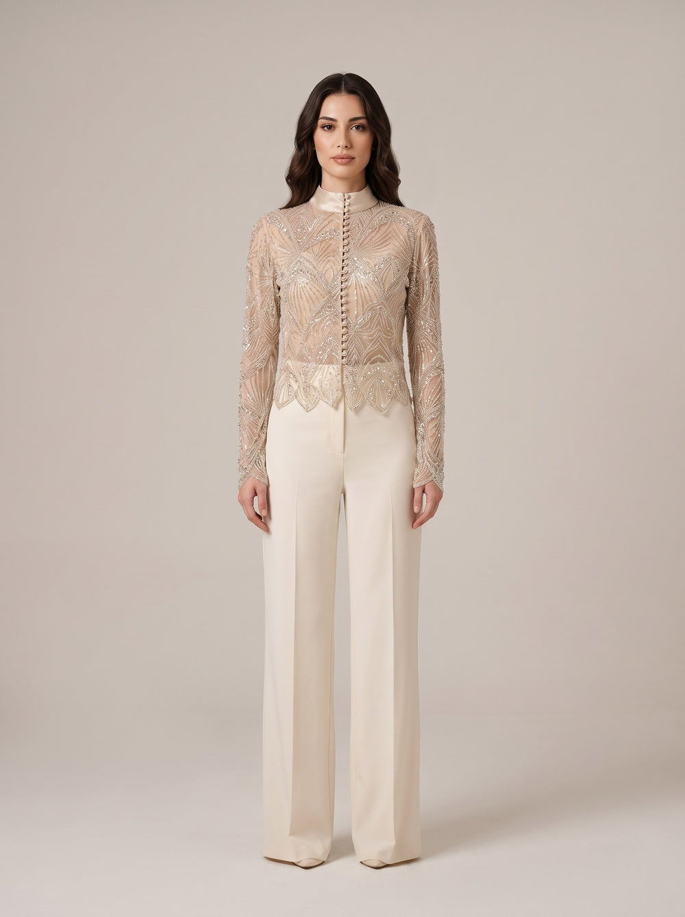 Şampanya Boncuk Pul İşlemeli Tül Dik Yaka Uzun Kollu Kısa Bluz
