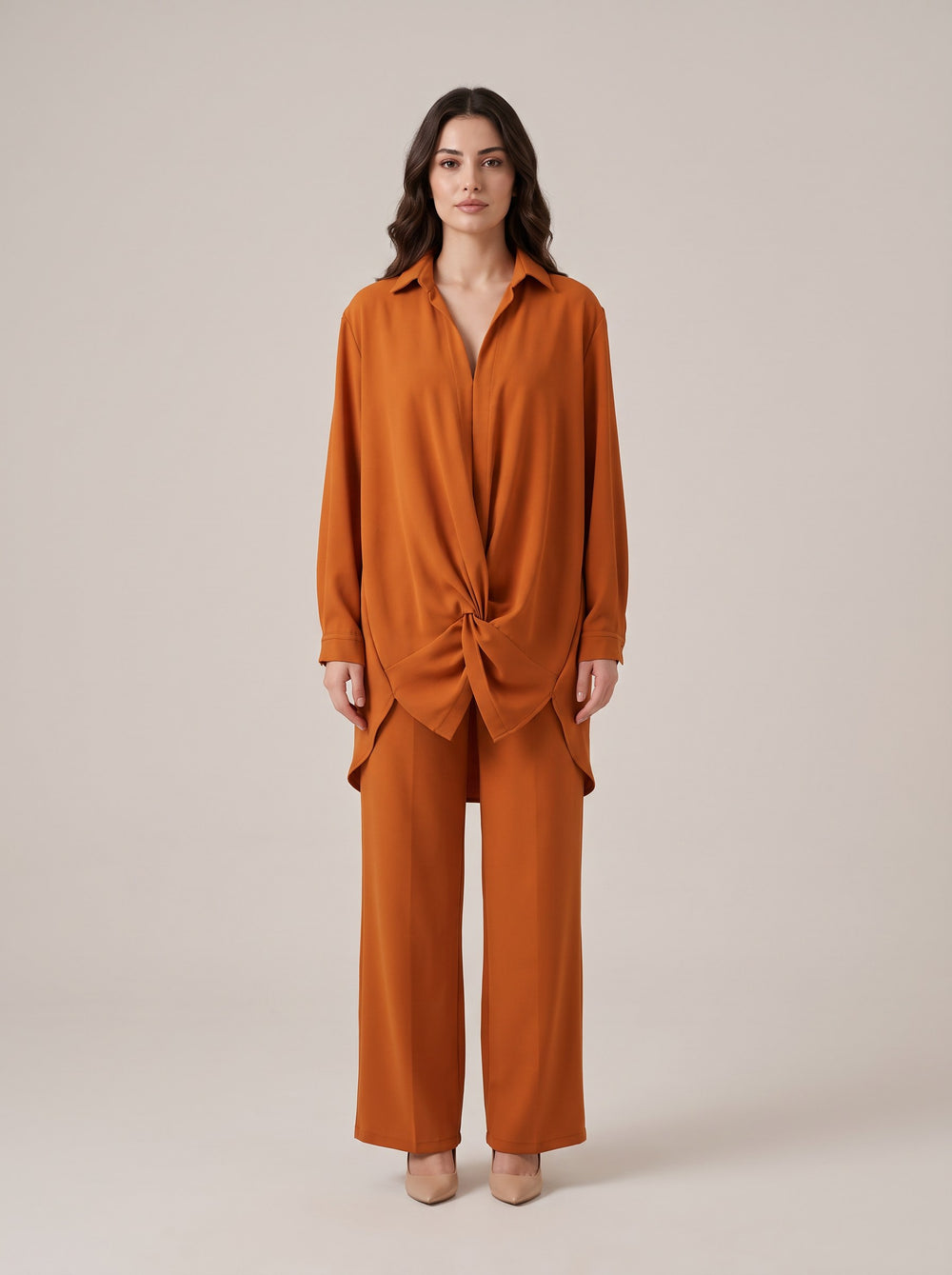 Kiremit Turuncu Düğüm Detaylı Gömlek Yaka Bluz Pantolon Takım