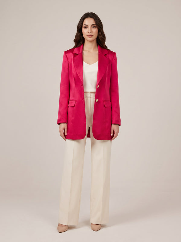 Fuşya Saten Altın Düğmeli Oversize Uzun Blazer Ceket