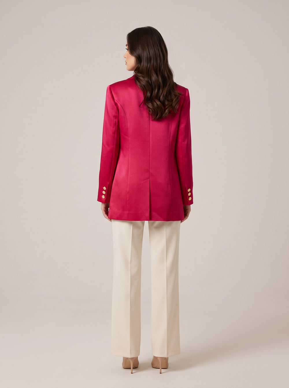 Fuşya Saten Altın Düğmeli Oversize Uzun Blazer Ceket