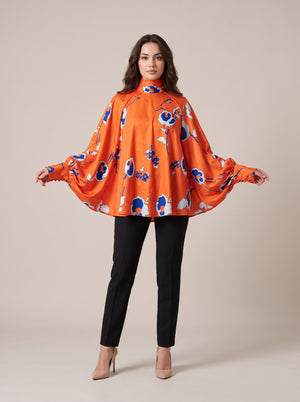 Turuncu Mavi Çiçek Desenli Yüksek Yaka Yarasa Kollu Oversize Bluz
