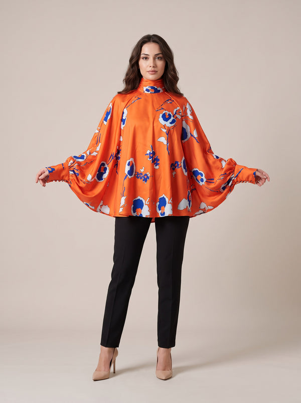 Turuncu Mavi Çiçek Desenli Yüksek Yaka Yarasa Kollu Oversize Bluz