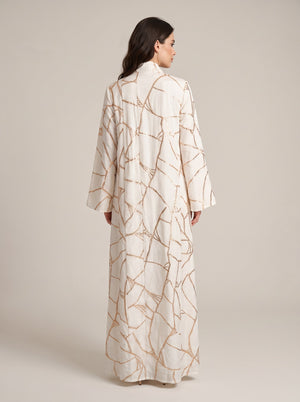 Ekru Altın Çizgi Desenli Dik Yaka Geniş Kollu Kaftan Abiye Elbise
