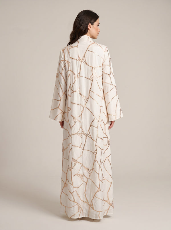 Ekru Altın Çizgi Desenli Dik Yaka Geniş Kollu Kaftan Abiye Elbise