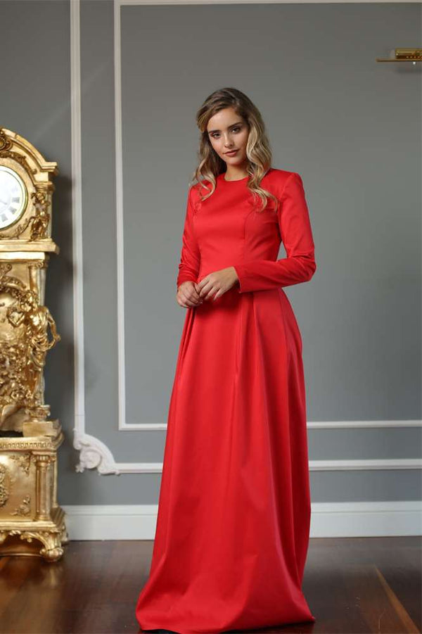 Red Modest Evening Dress