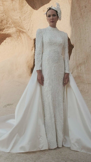 Pearl-Embellished Modest Wedding Dress