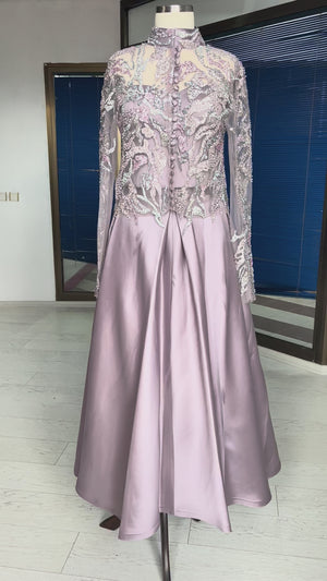 Lila Saten Straplez Abiye Elbise ve İşlemeli Uzun Kollu Bolero Takım