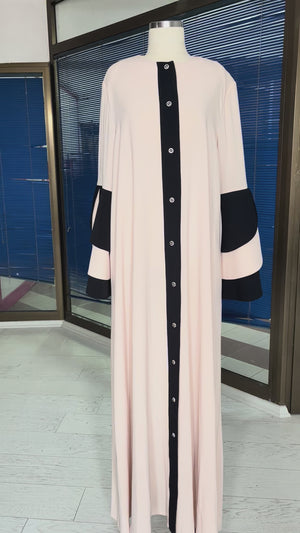 Pudra Pembe Siyah Şerit Detaylı Düğmeli Kaftan Abiye Elbise