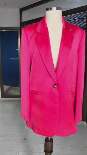Canlı Pembe Saten Tek Düğmeli Oversize Blazer Ceket