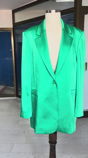 Zümrüt Yeşili Saten Oversize Tek Düğmeli Blazer Ceket