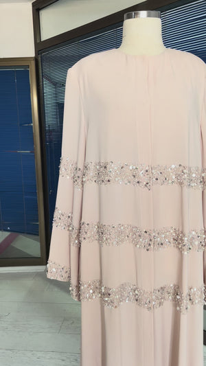 Pudra Pembe Pul Payet İşlemeli Pelerin Detaylı Uzun Kollu Abiye Elbise