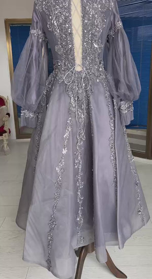 Gri Lavanta Organze Balon Kollu Barok Boncuk İşlemeli Sırtı Bağcıklı Abiye Elbise